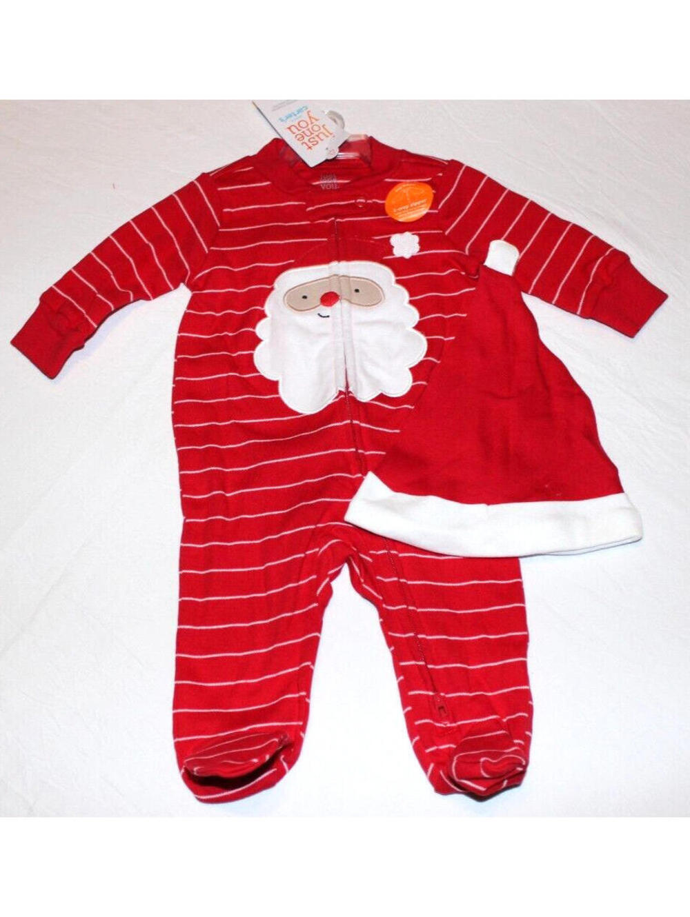 CARTERS 2 PIECE RED CHRISTMAS SANTA PAJAMA SET W/HAT 2-WAY ZIPPER 3 MO or 6 MO